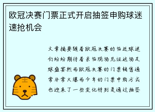 欧冠决赛门票正式开启抽签申购球迷速抢机会