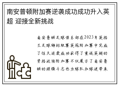 南安普顿附加赛逆袭成功成功升入英超 迎接全新挑战
